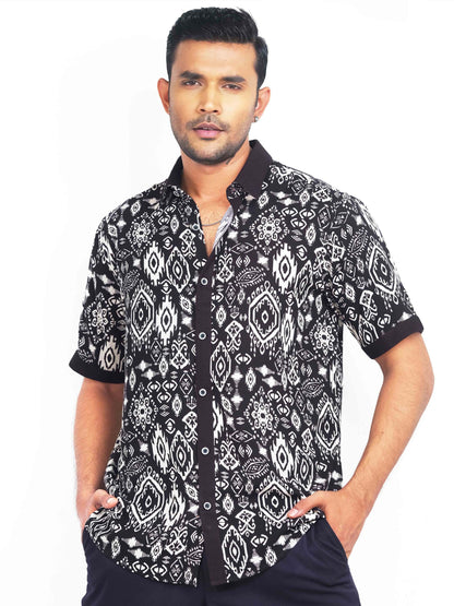 Black -white nakshi printed linen half sleeve shirt