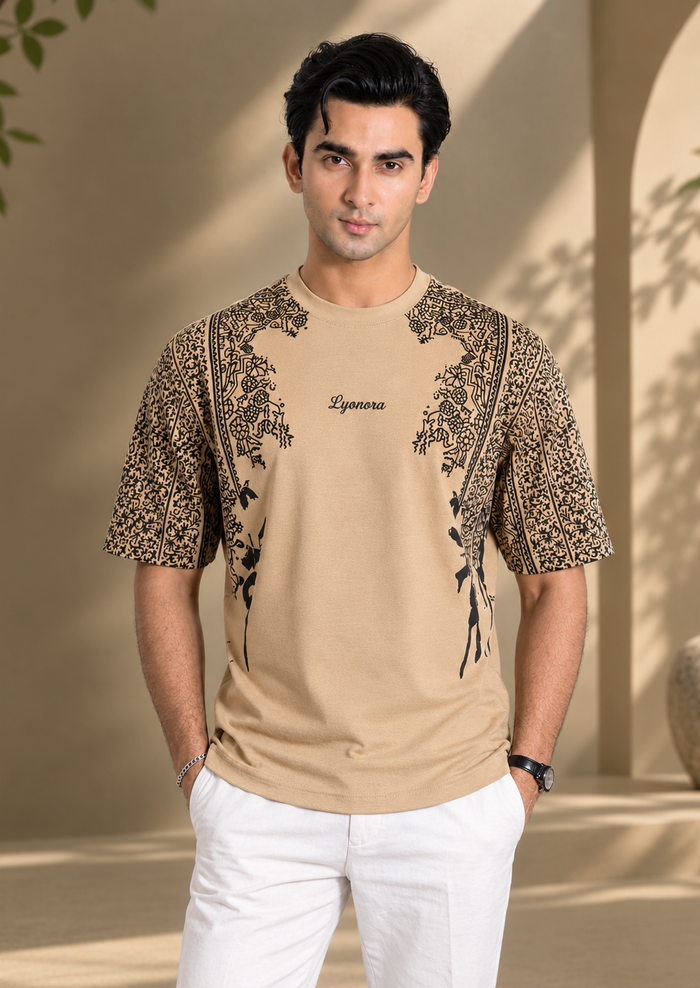 Beige color shoulder printed premium t-shirt