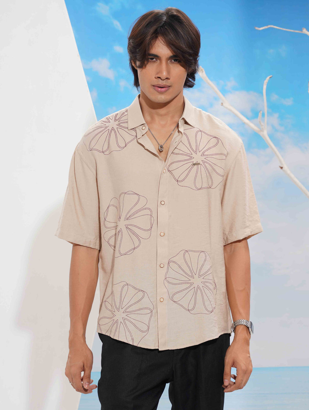 Cream chest printed drop shoulder shirt