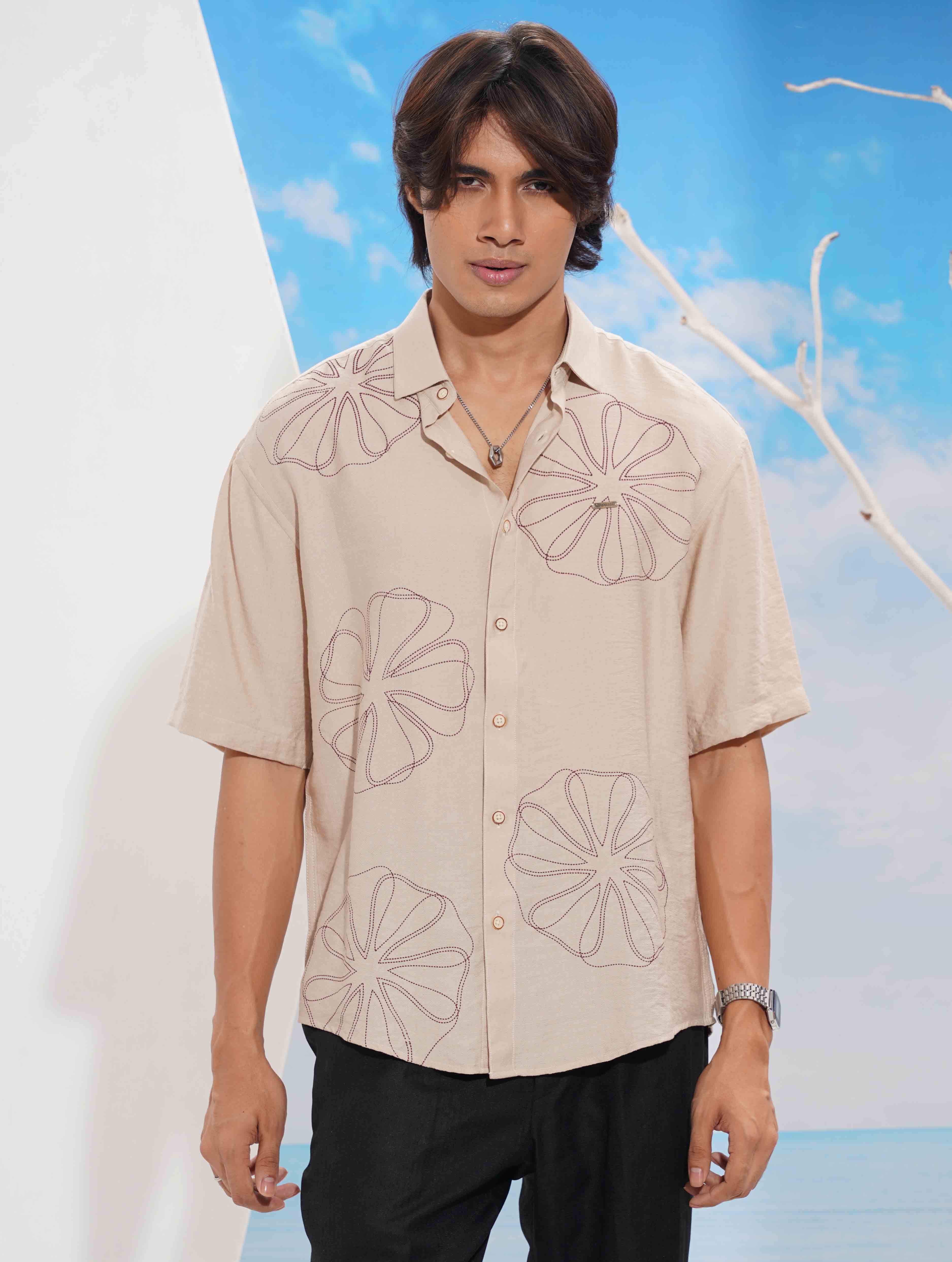 Cream chest printed drop shoulder shirt