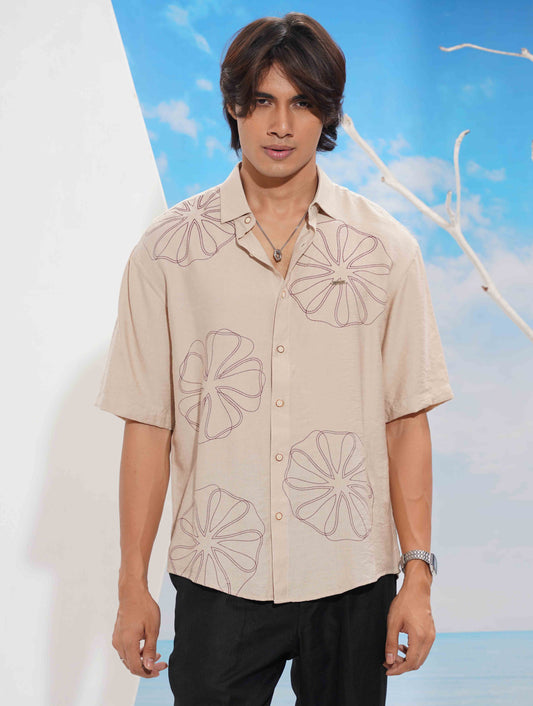 Cream chest printed drop shoulder shirt