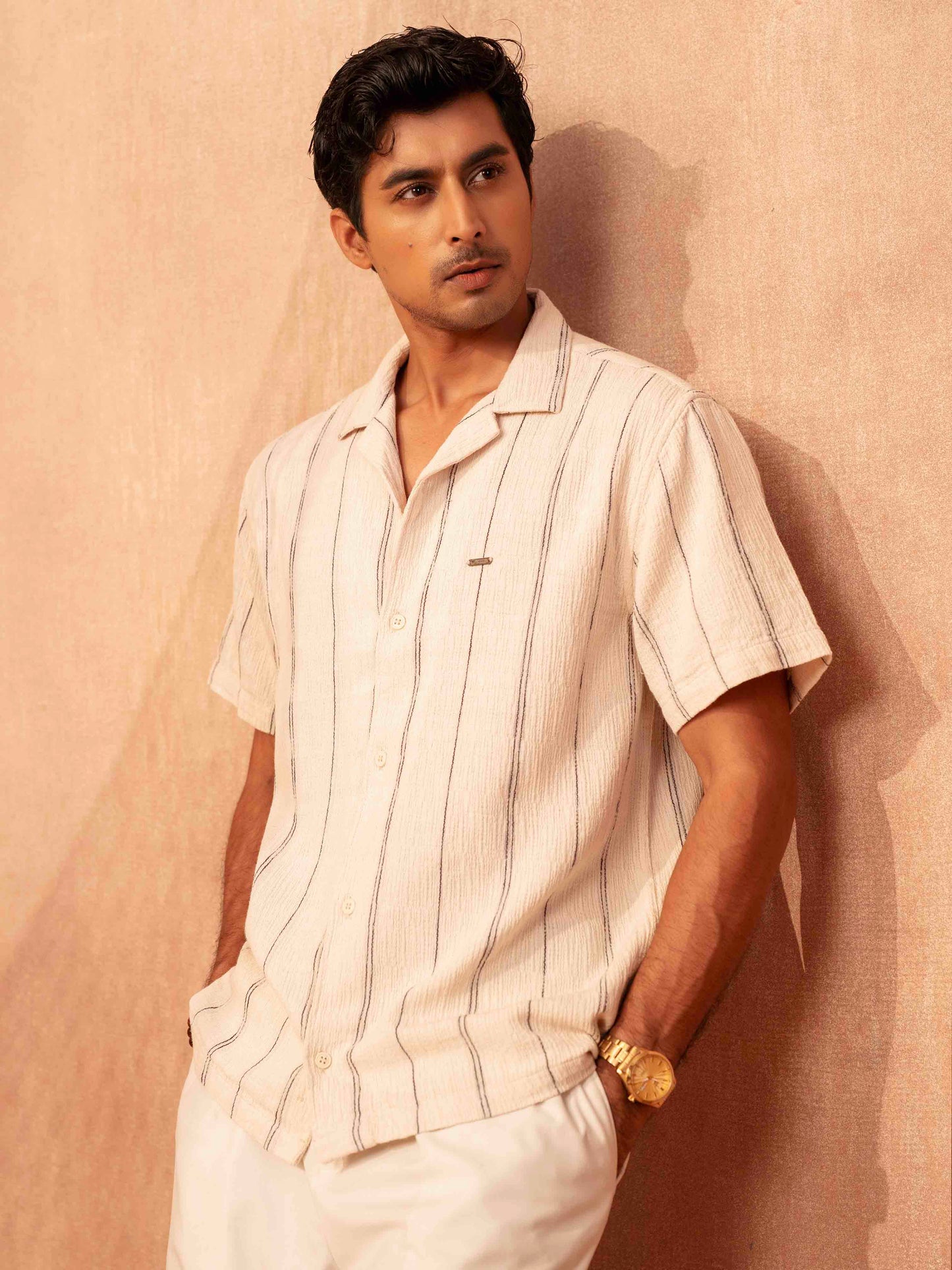 Pearl white Black stripe printed havana shirt