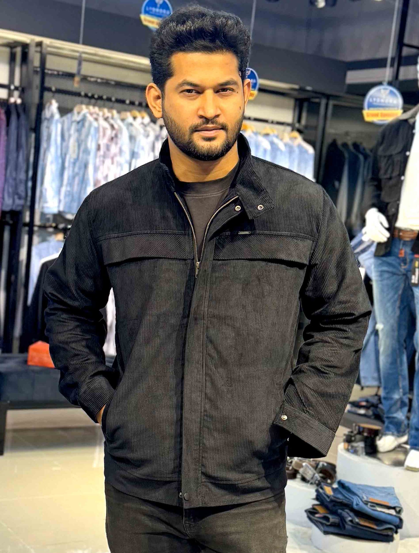 Black chest plated corduroy jacket