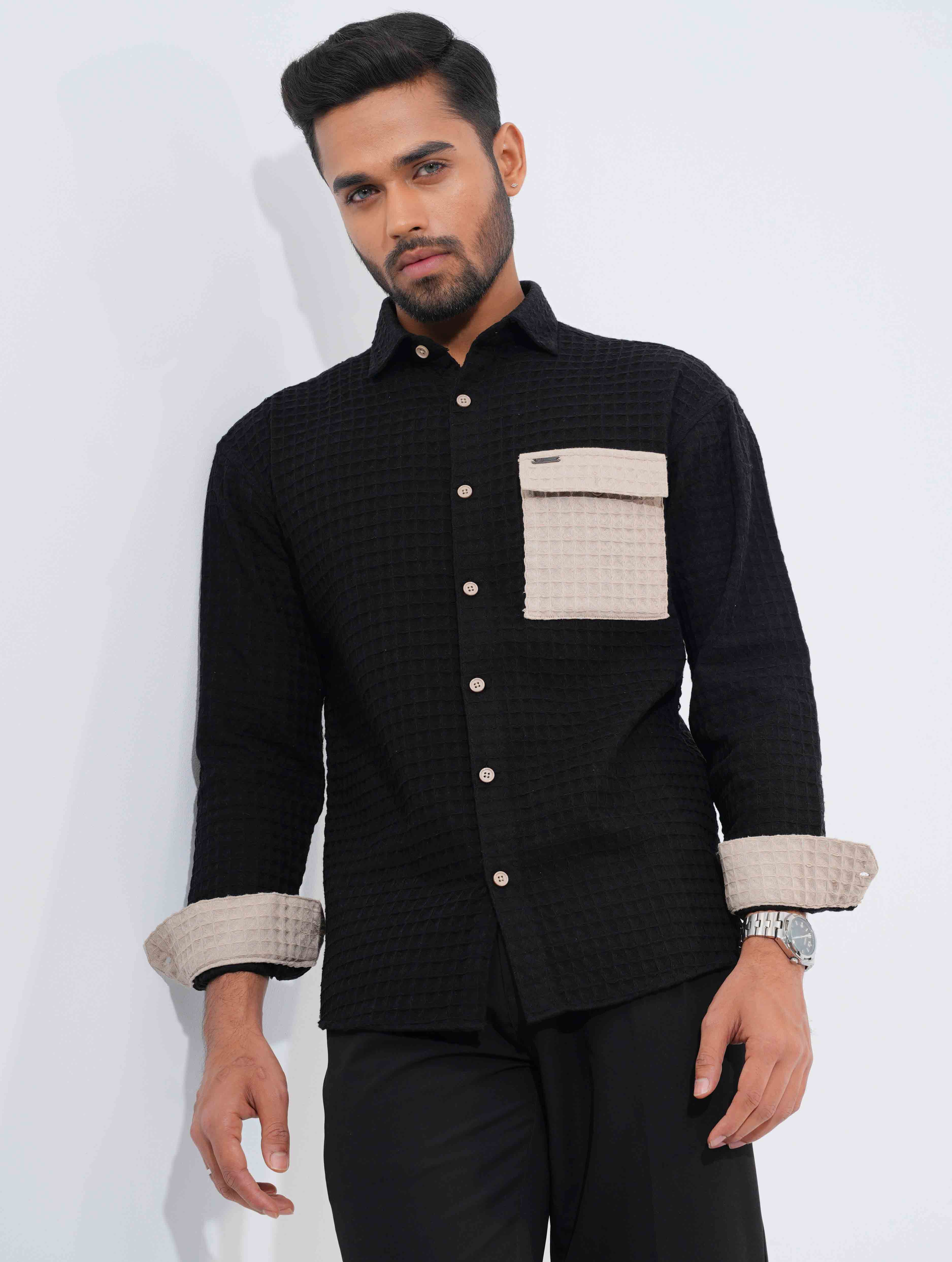 Black - Beige Hand and pocket Contrast Waffle Fabric Full Sleeve
