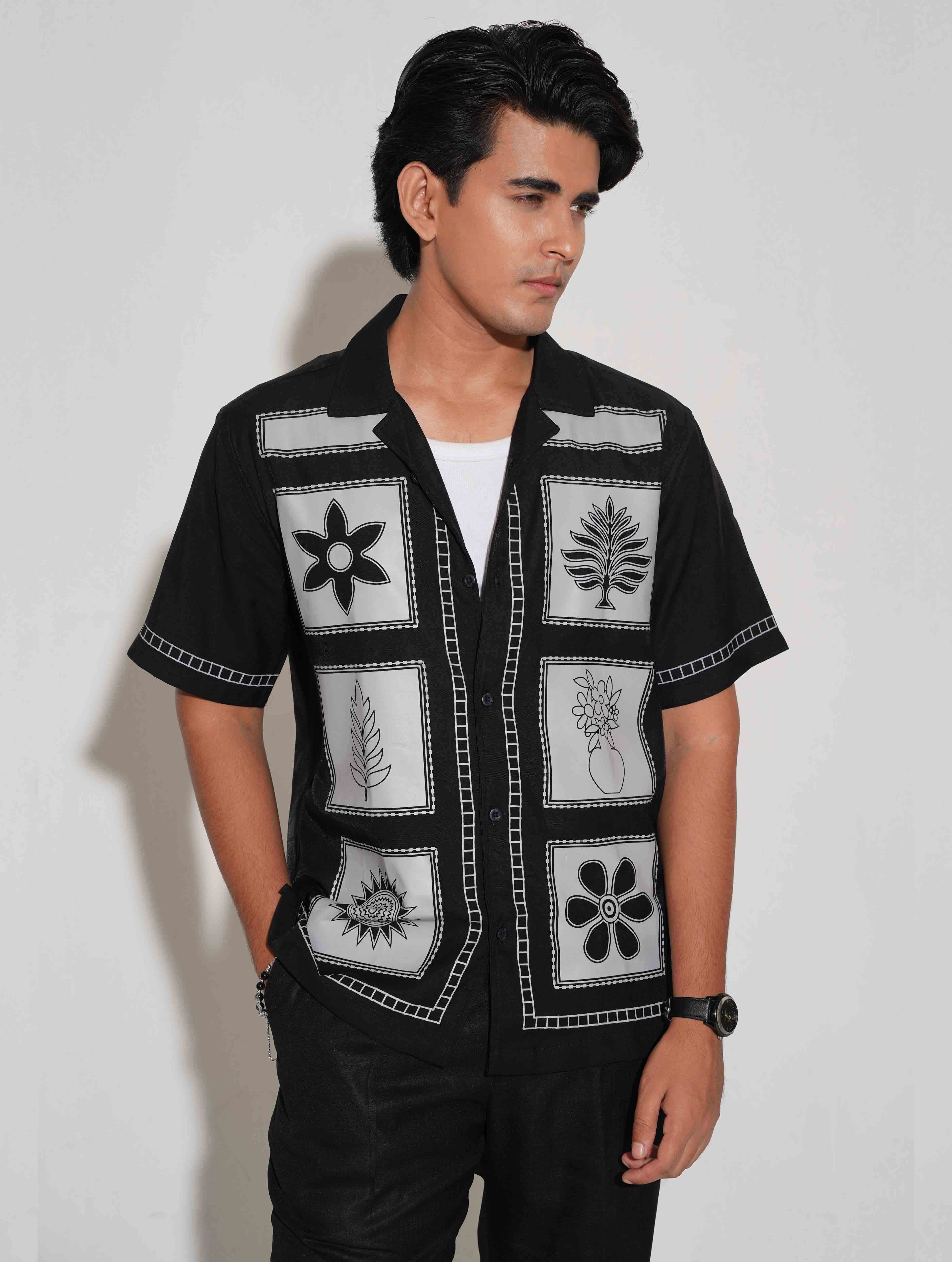 Black Block Flower printed havana shirt