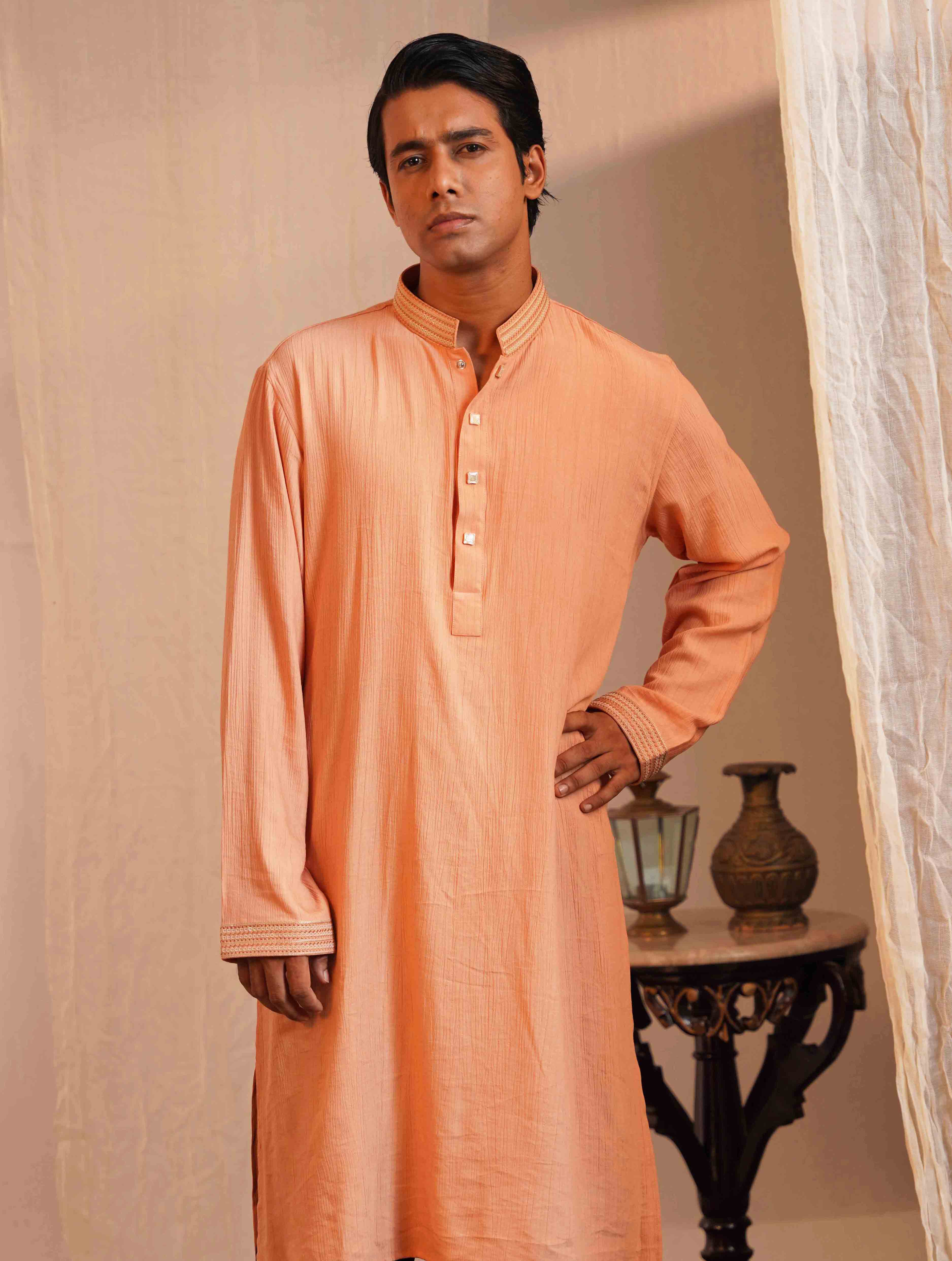 Orange Viscos Collar embroidery Panjabi