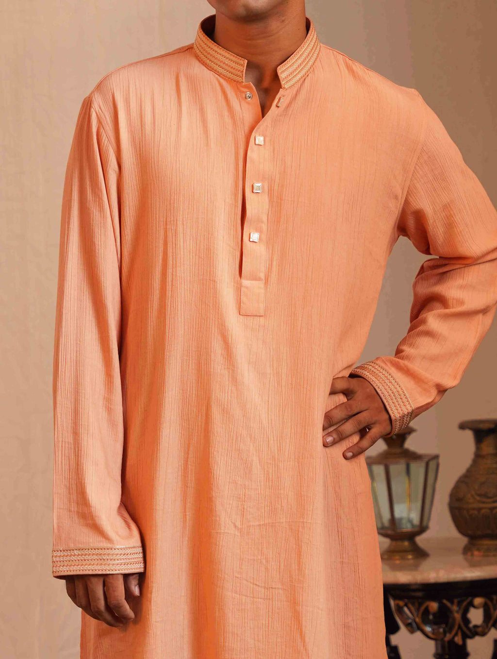 Orange Viscos Collar embroidery Panjabi