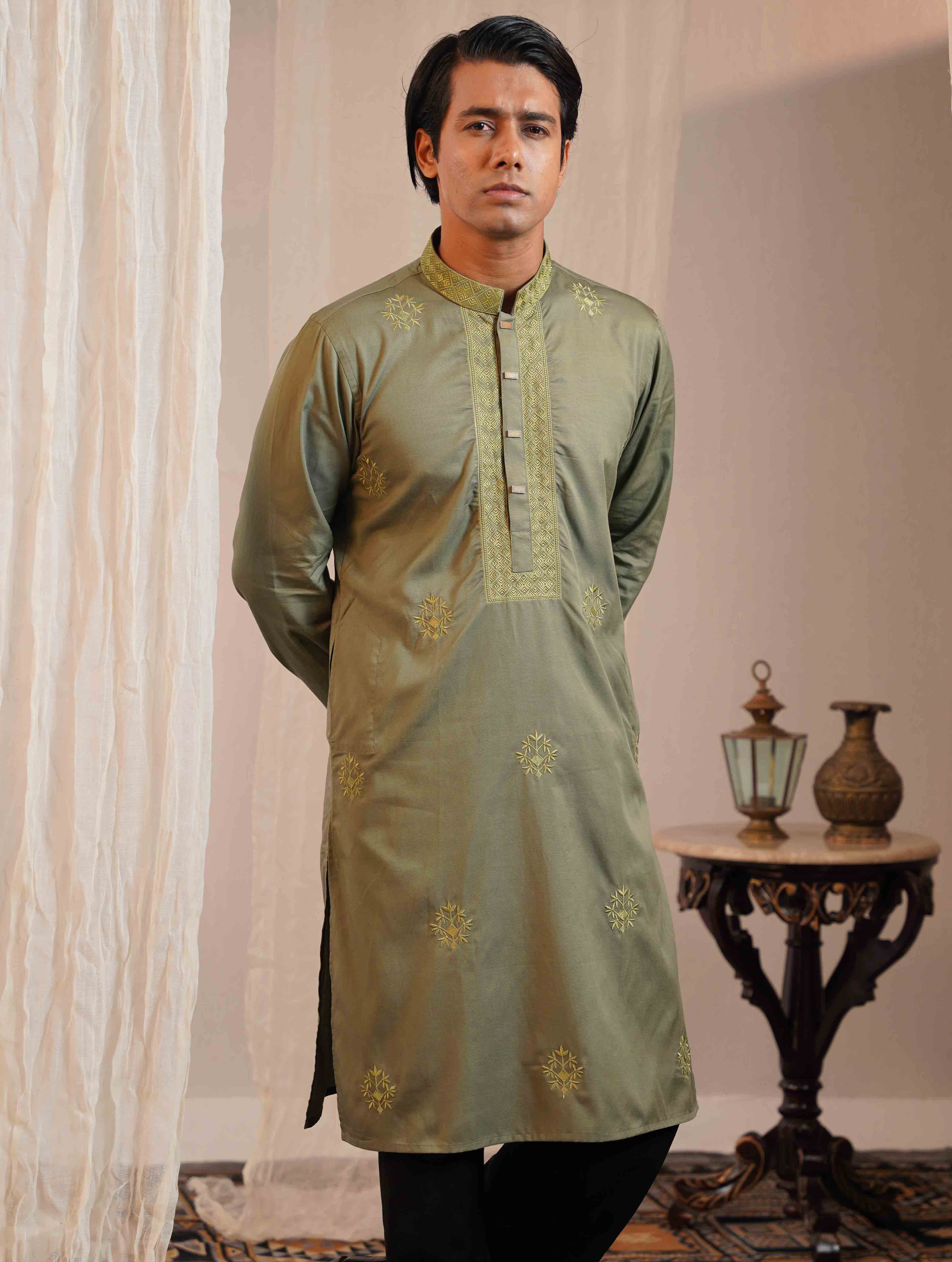 Light Olive color full body chest Embroidery premium Panjabi