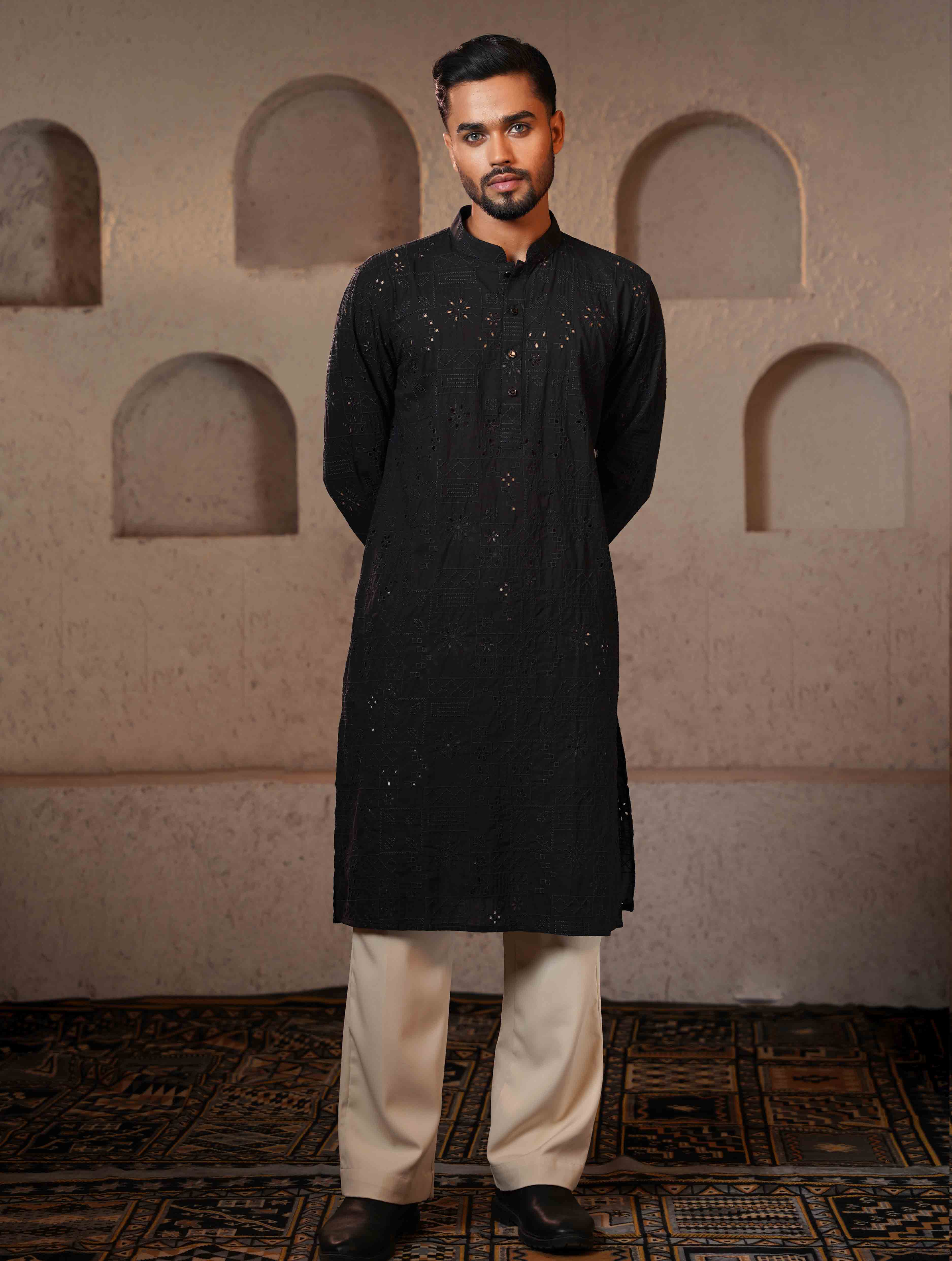 Matte Black Texture Premium Cotton Panjabi