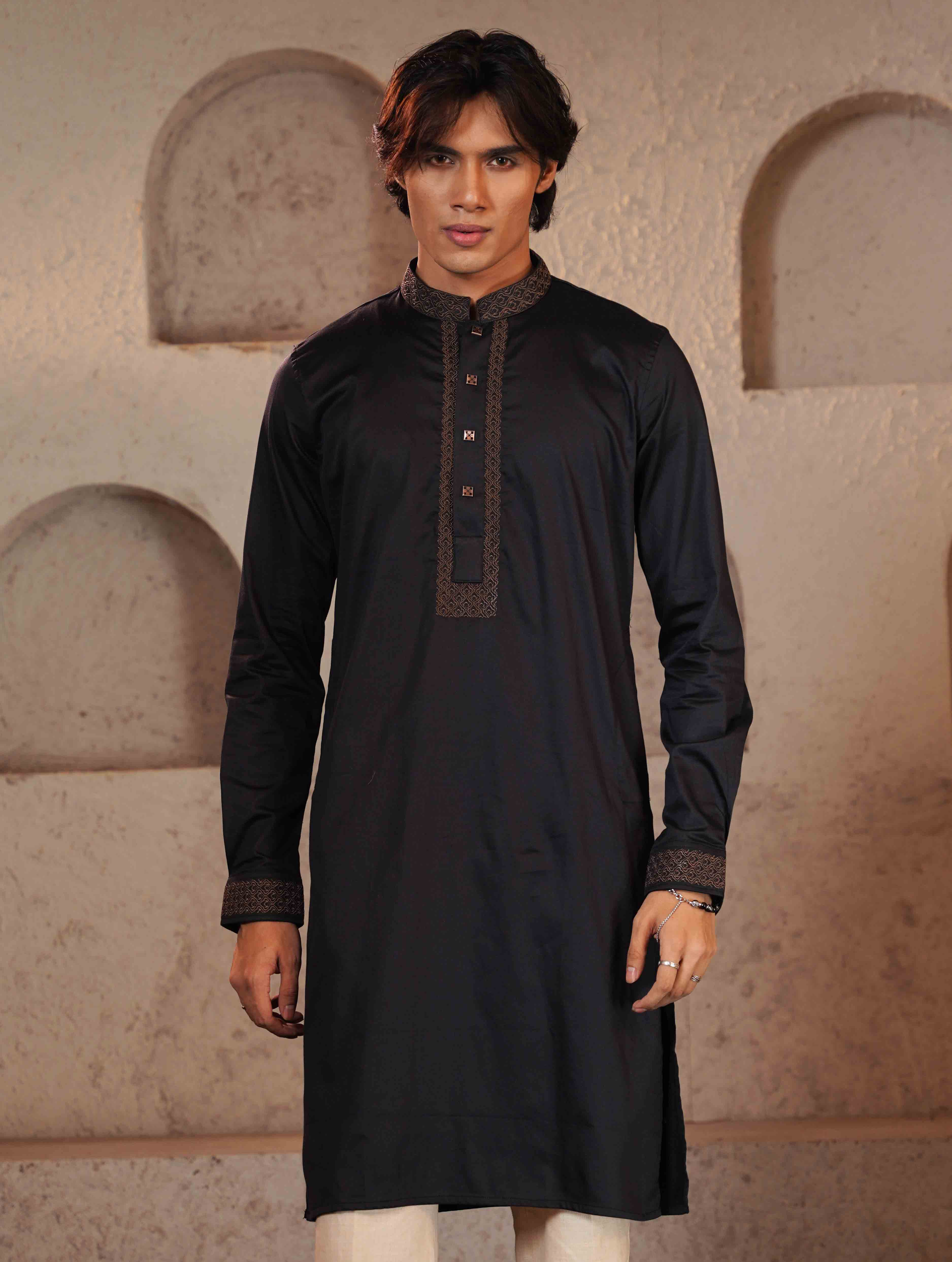 Black Fancy Cotton Embroidery Panjabi