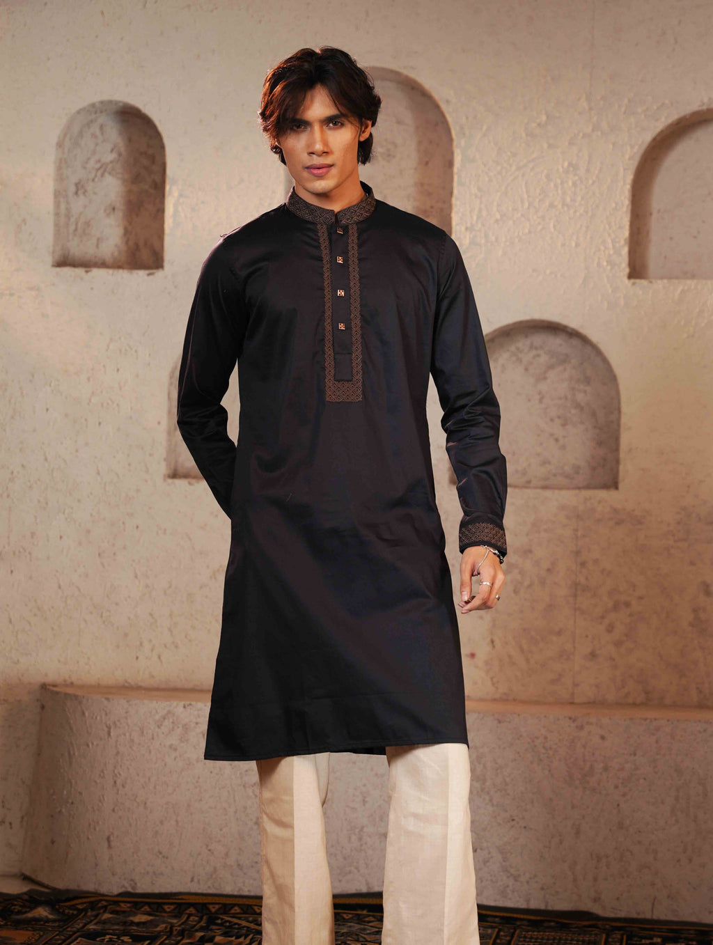 Black Fancy Cotton Embroidery Panjabi