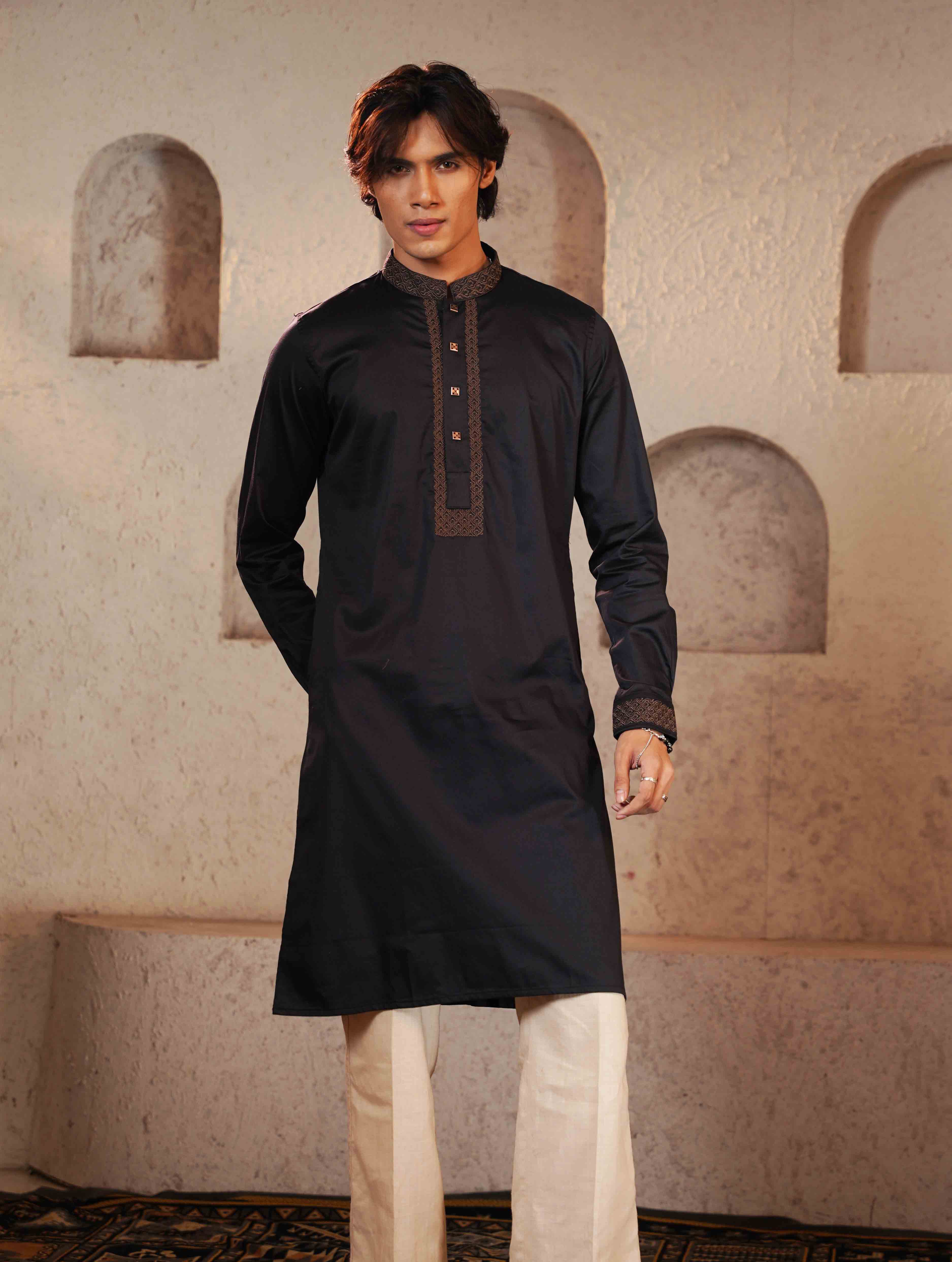 Black Fancy Cotton Embroidery Panjabi