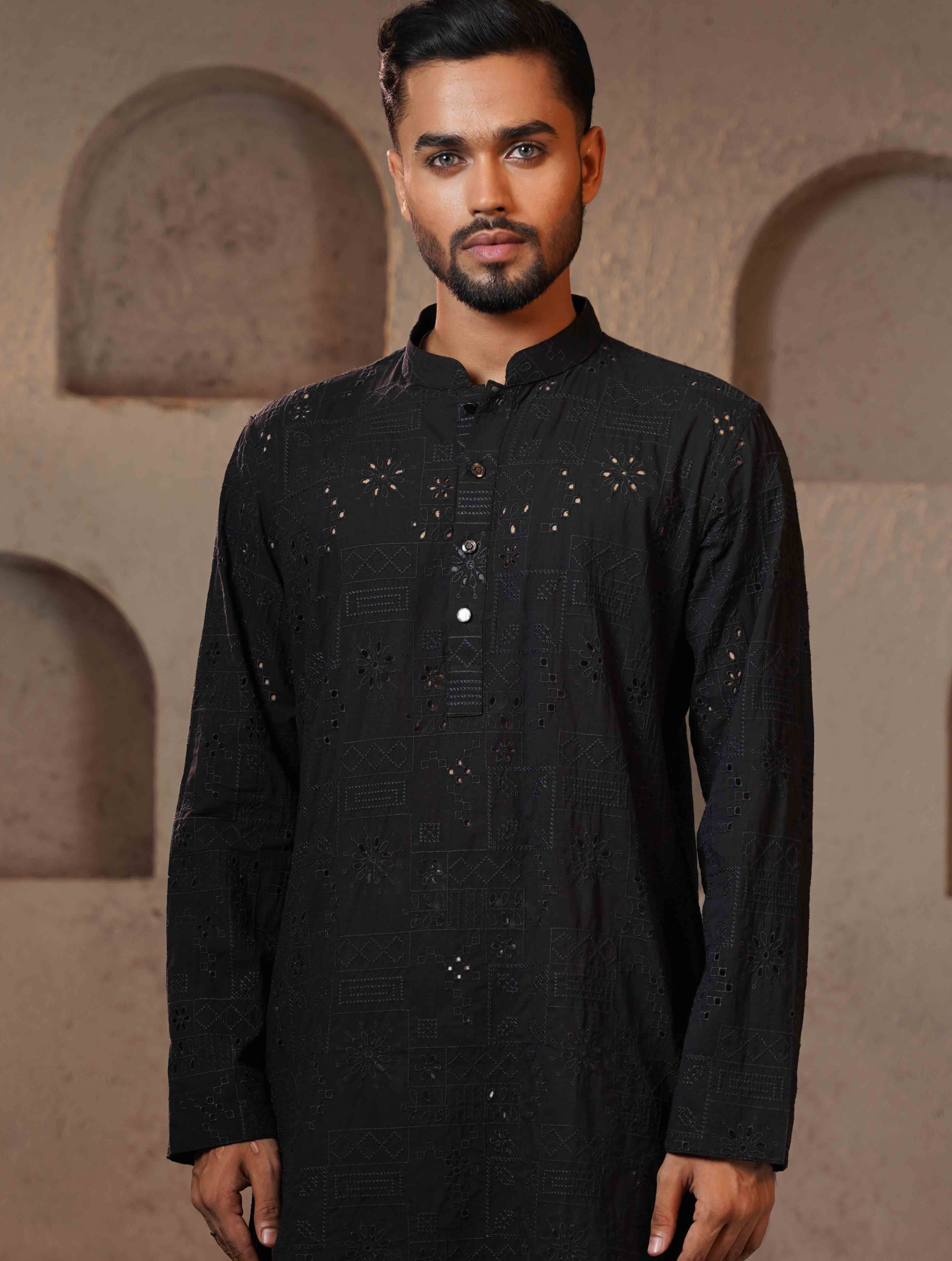 Matte Black Texture Premium Cotton Panjabi