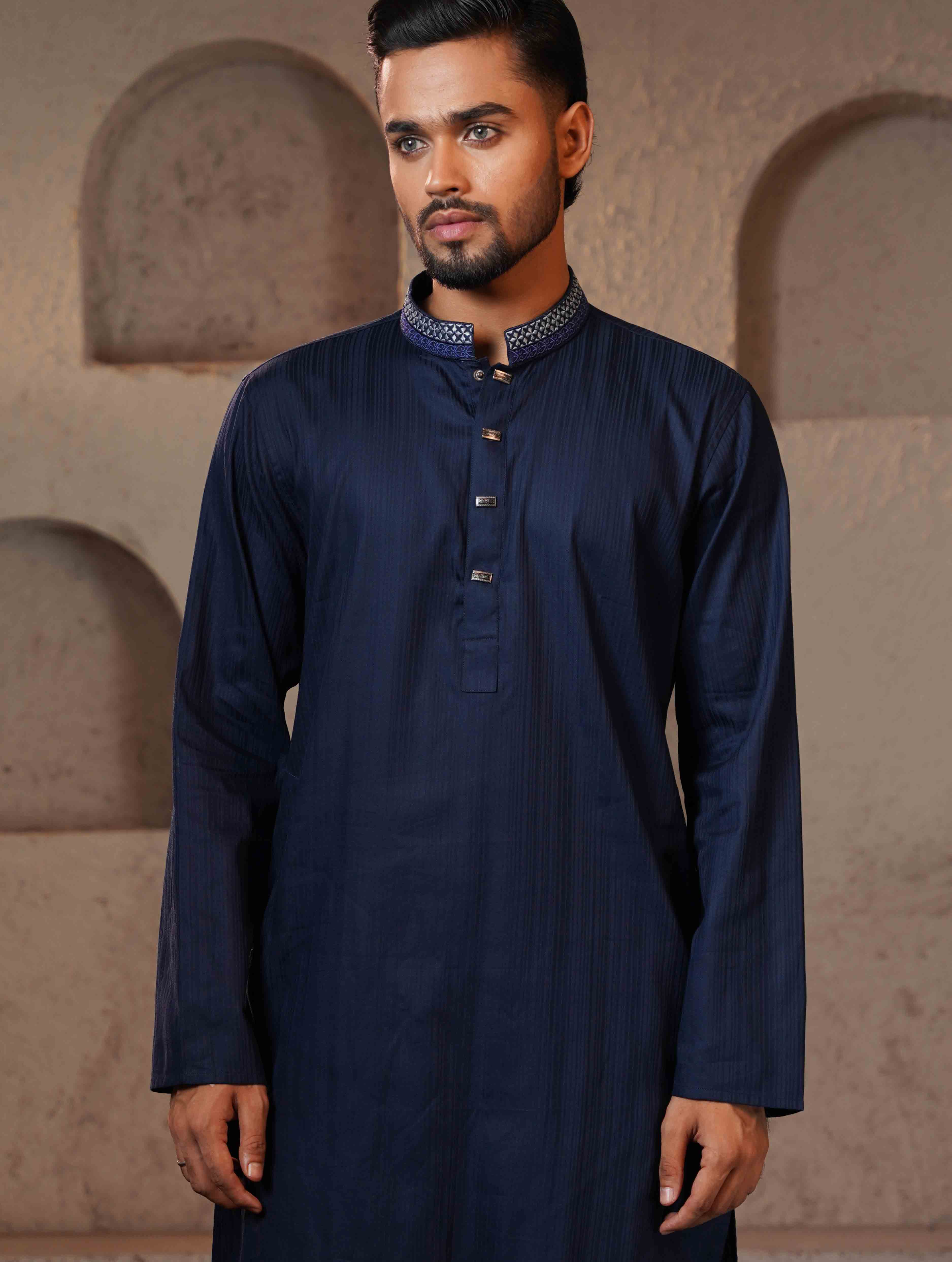 Blue stripe texture collar Embroidery design Premium Panjabi