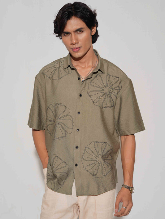 Olive chest printed drop shoulder shirt