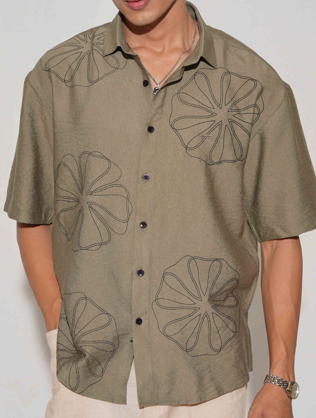 Olive chest printed drop shoulder shirt