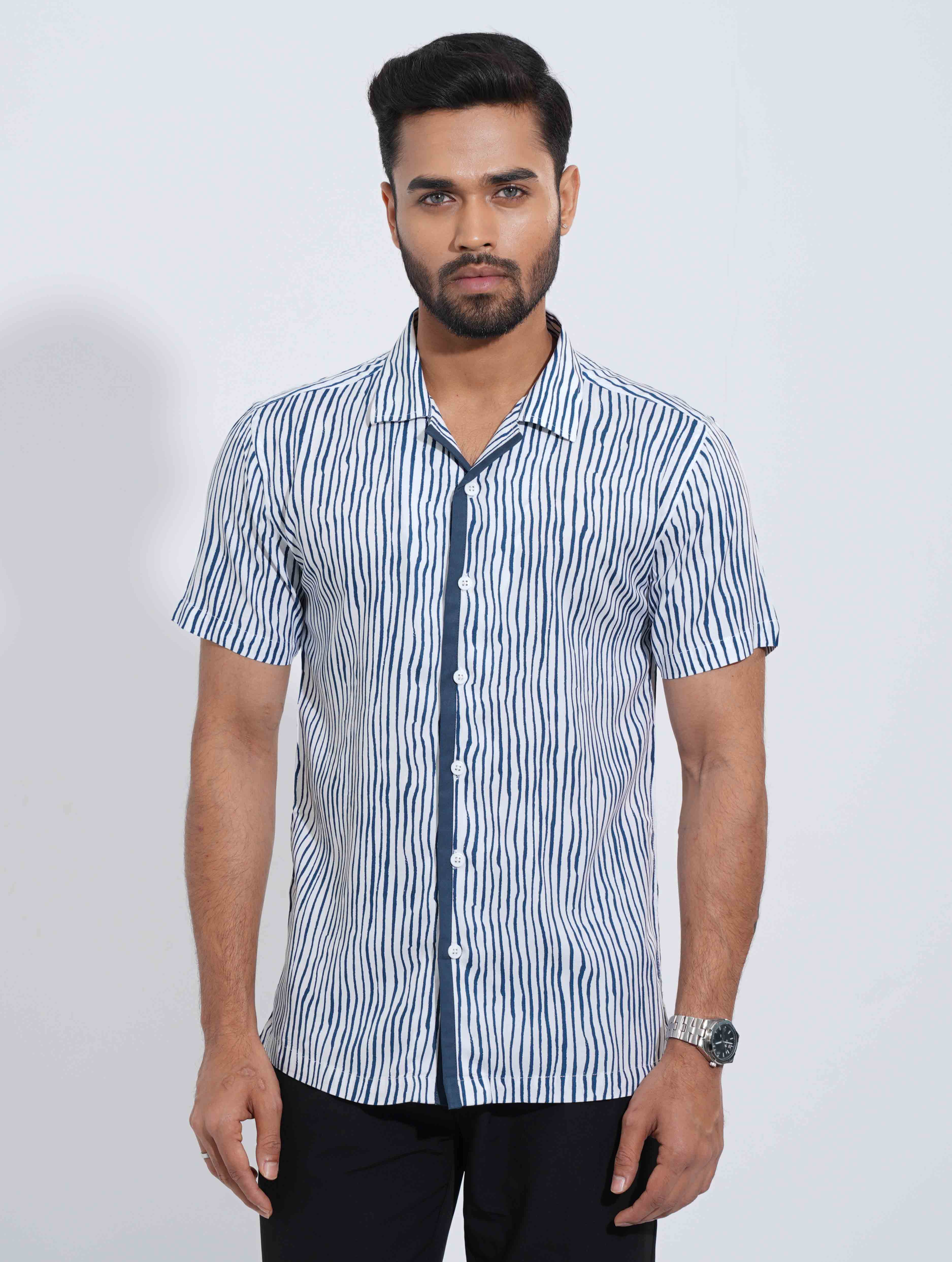 Blue stripe half sleeve shirt