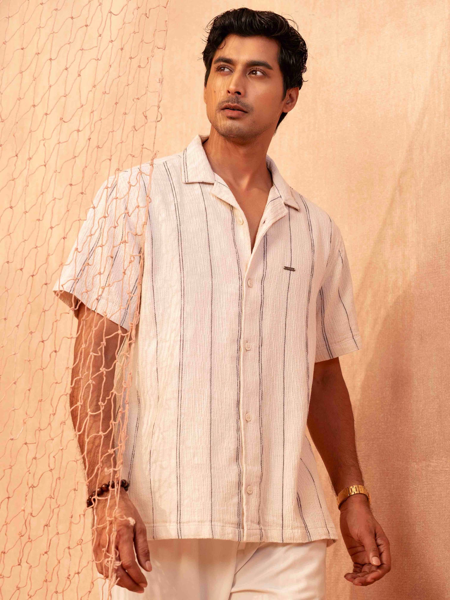 Pearl white Black stripe printed havana shirt