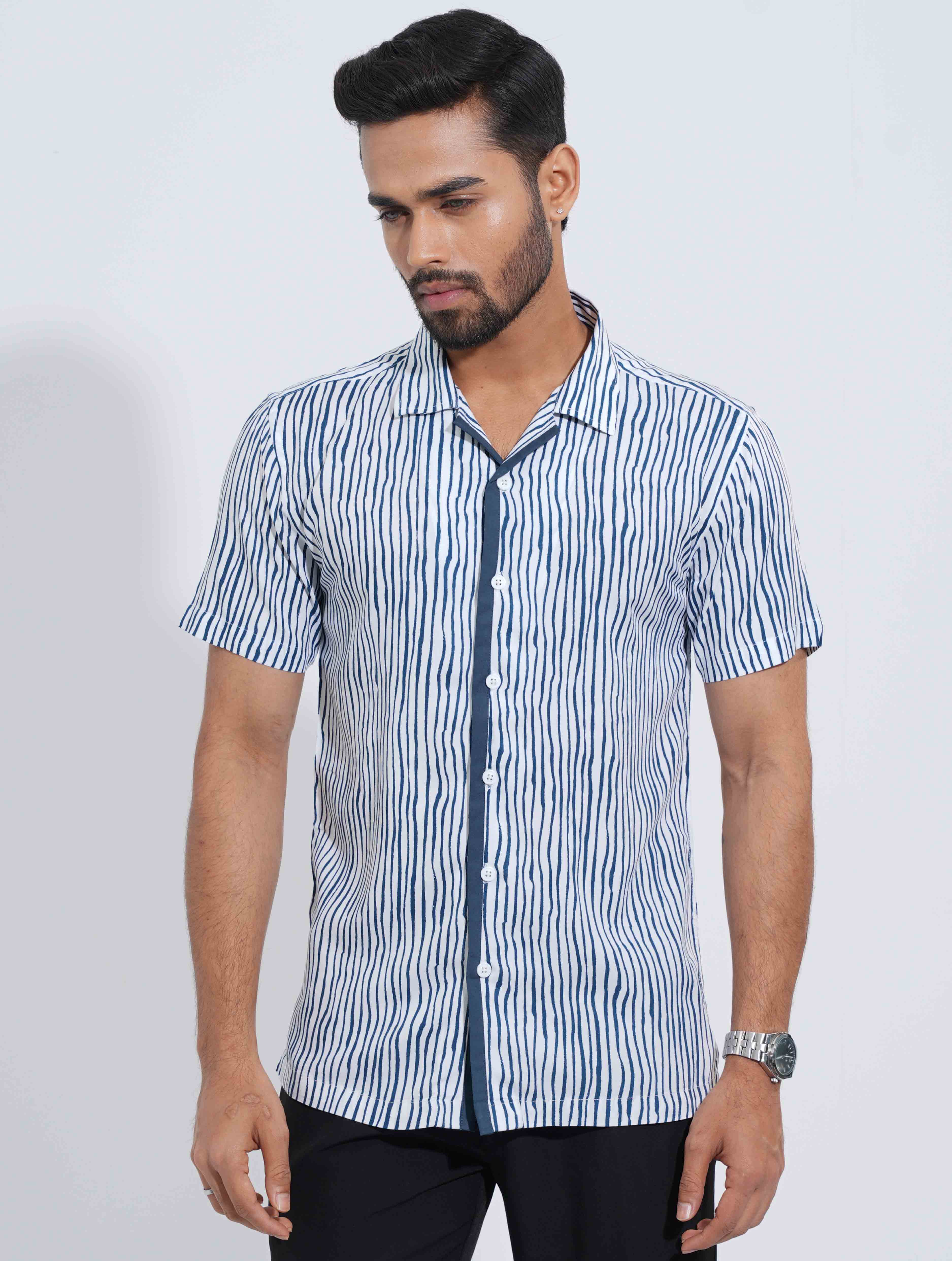 Blue stripe half sleeve shirt