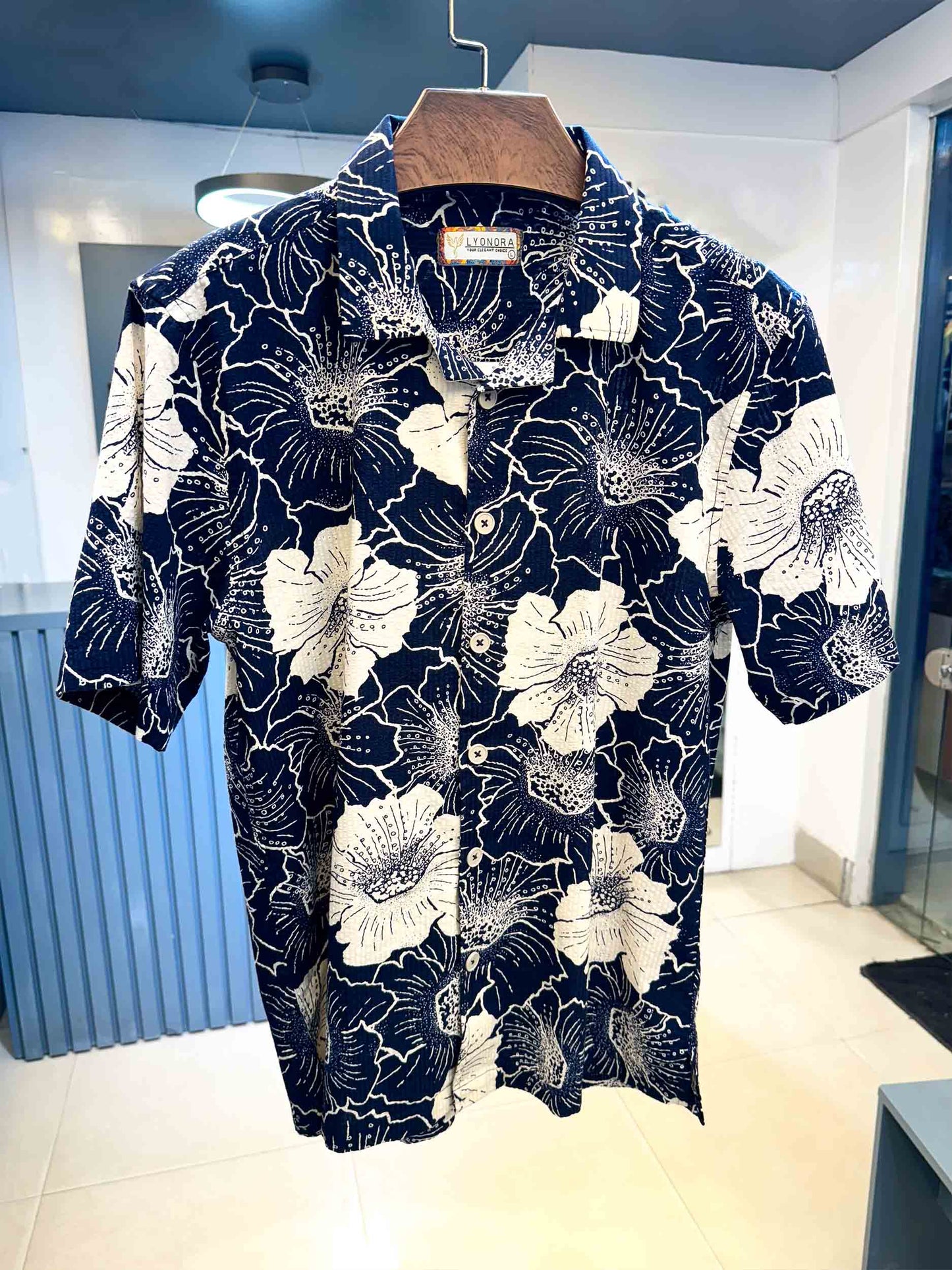 Blue hibiscus flower printed viscos havana shirt