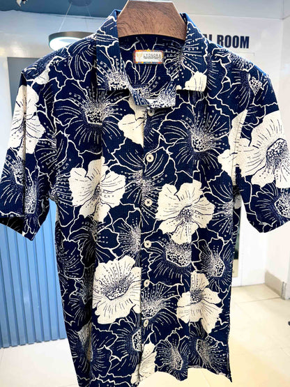 Blue hibiscus flower printed viscos havana shirt