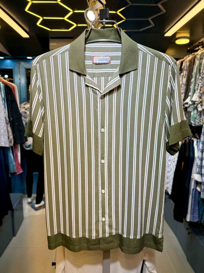 Olive stripe collar contrast havana shirt