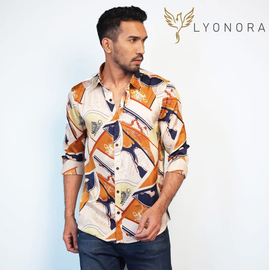 Purl white and yellow printed royal silk full sleeve shirt