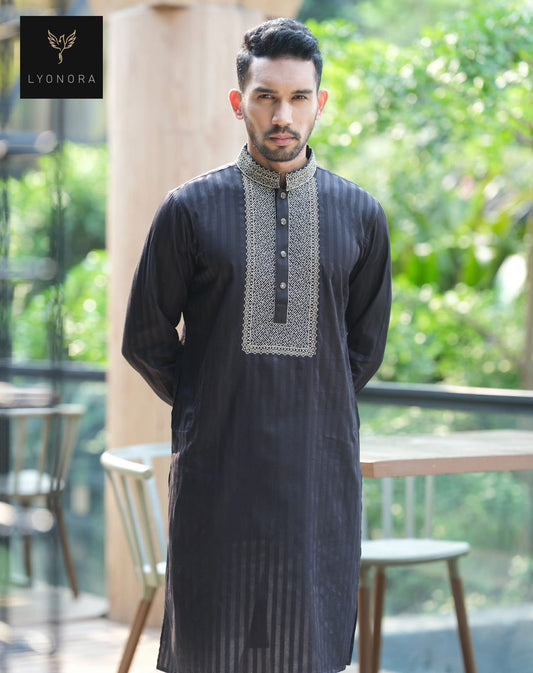 Black stripped fancy cotton embroidered panjabi