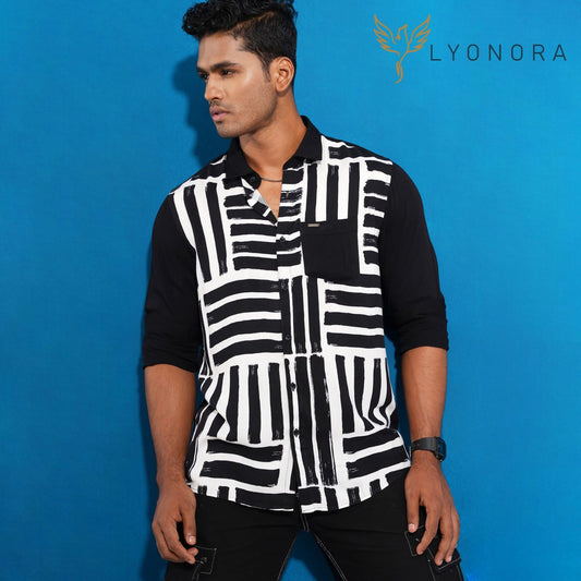 Black and white cross parallel printed full sleeve shirt