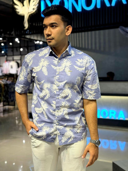 Azure Blue Printed Drop-shoulder Shirt