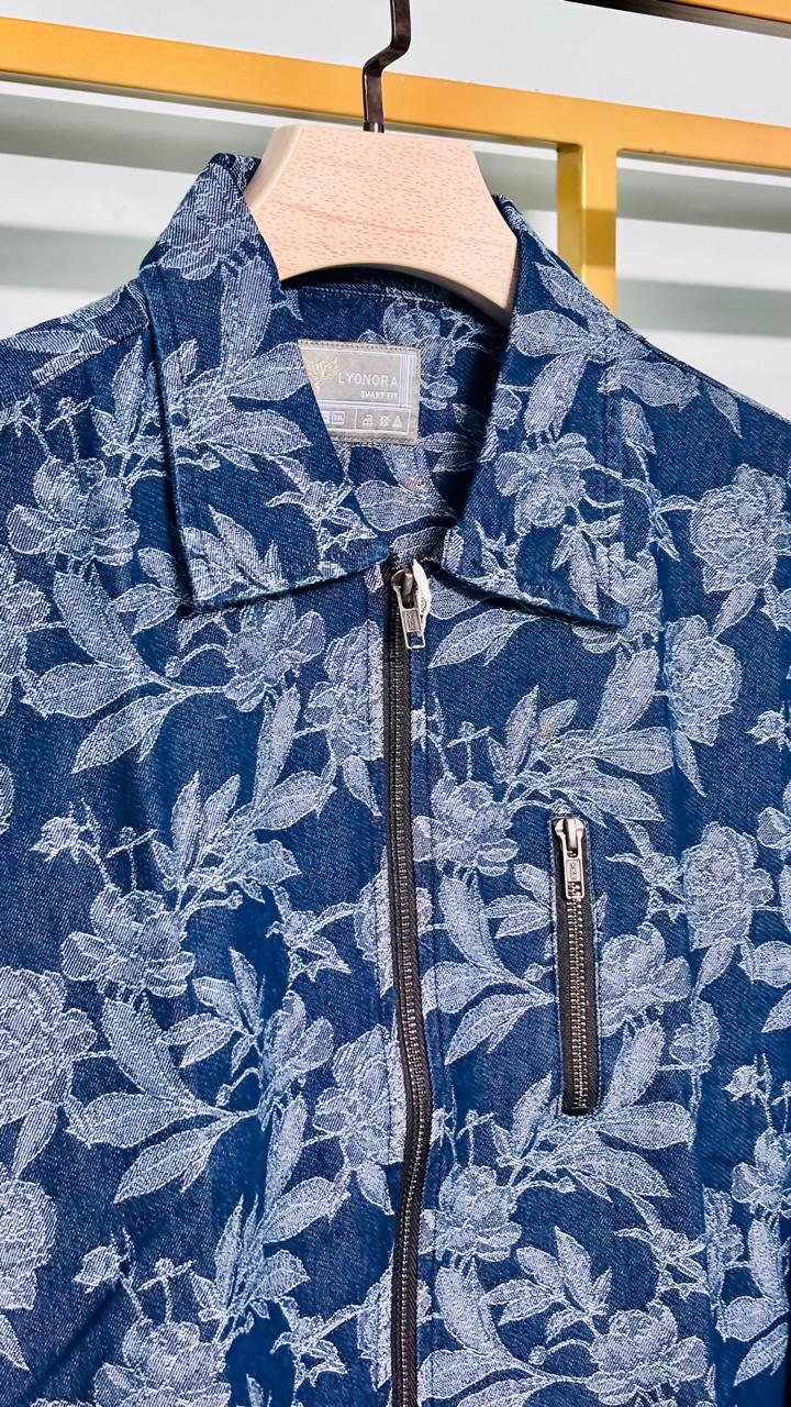 Blue Flower Printed full zipper jacket