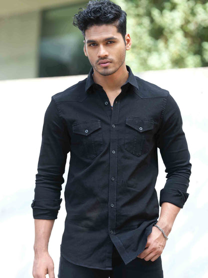 Black double pocket denim full sleeve shirt