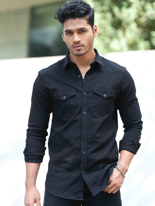 Black double pocket denim full sleeve shirt