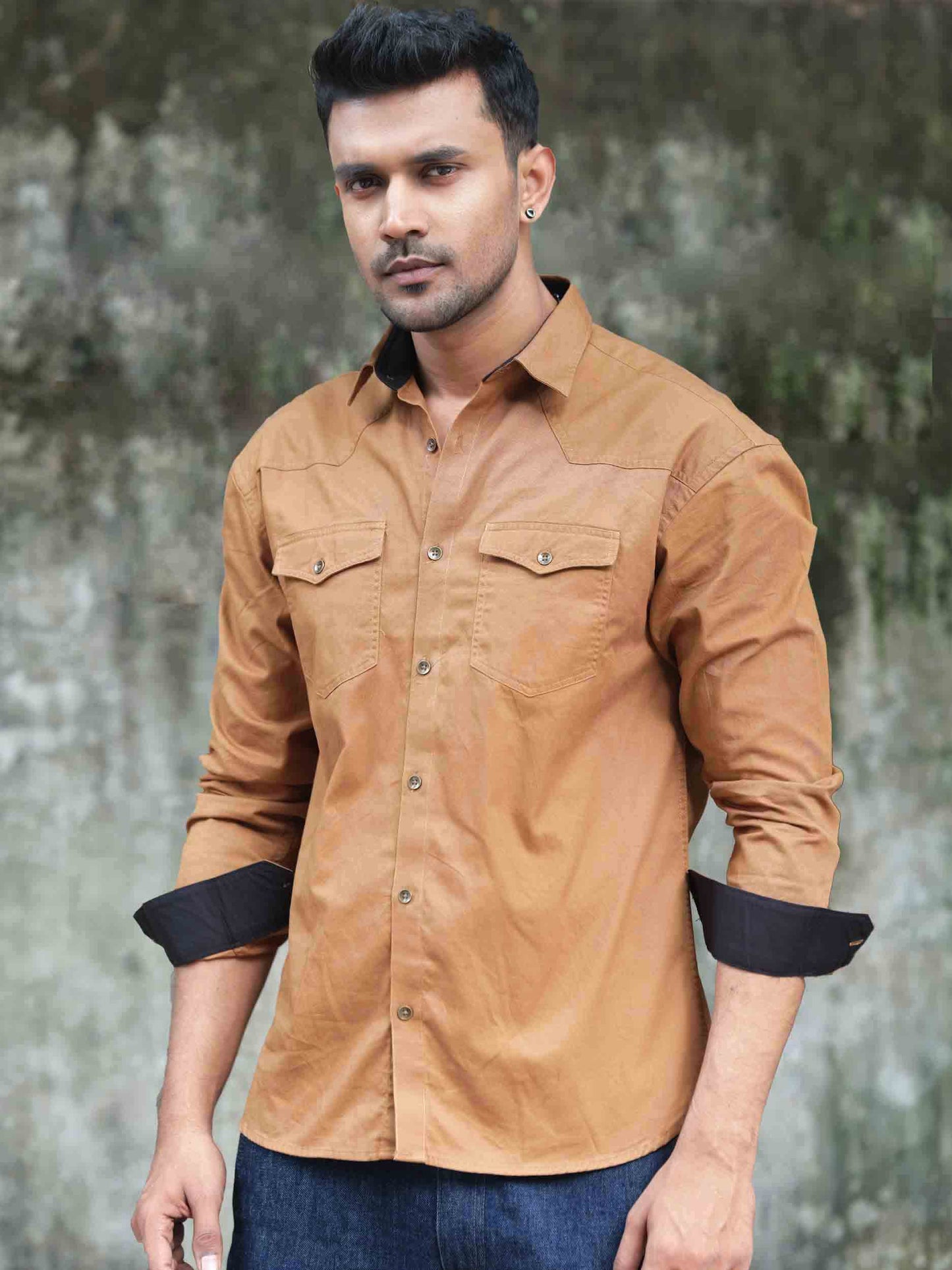 Copper-black pocket contrast twill Drop shoulder full sleeve shirt