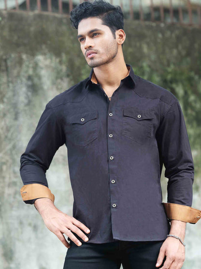 Black - copper contrast twill Drop shoulder full sleeve shirt