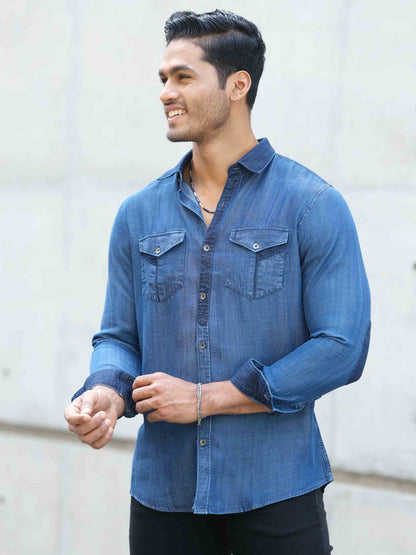 Blue plated denim contrast full sleeve shirt