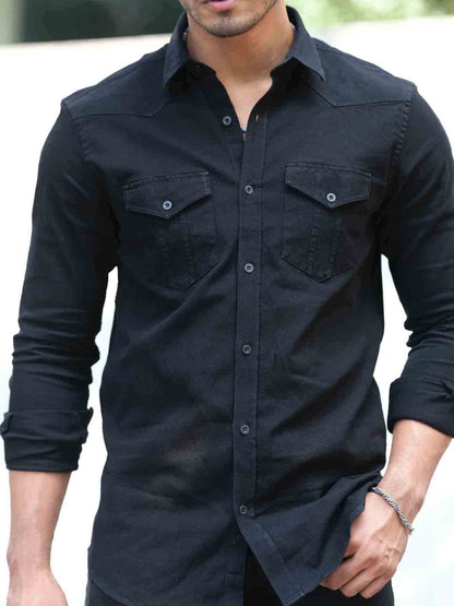 Black double pocket denim full sleeve shirt