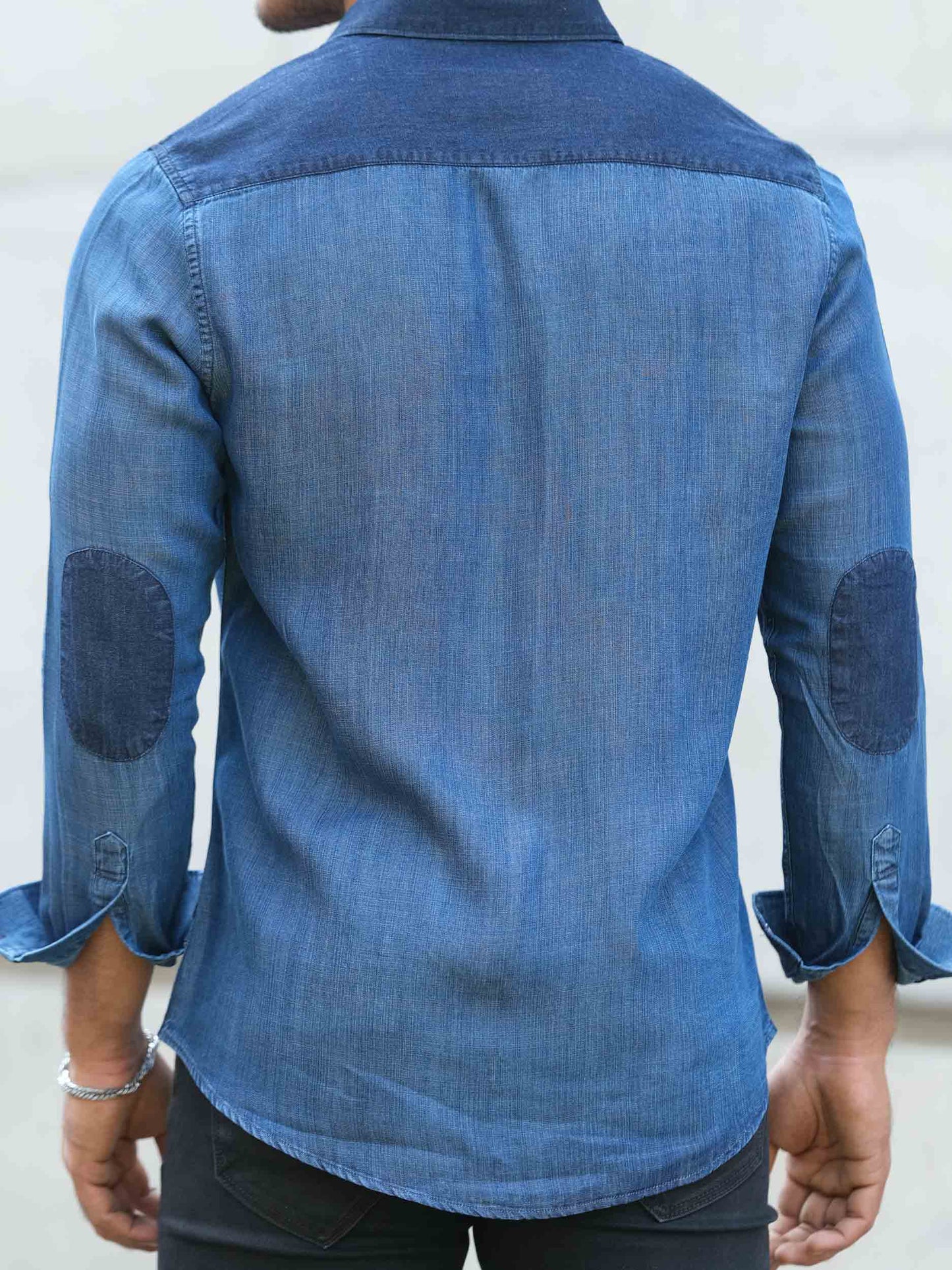 Blue plated denim contrast full sleeve shirt