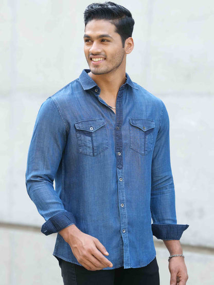 Blue plated denim contrast full sleeve shirt