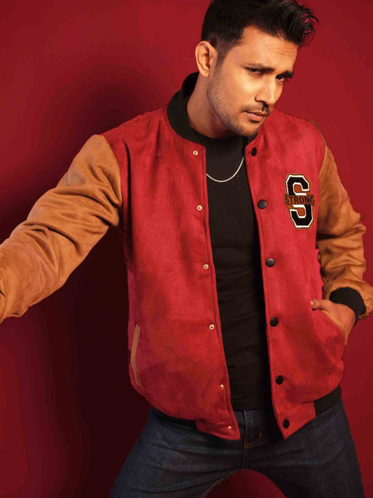 Maroon suede leather varsity jacket