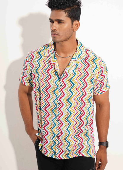 Yellow-green and pink zigzag printed havana shirt