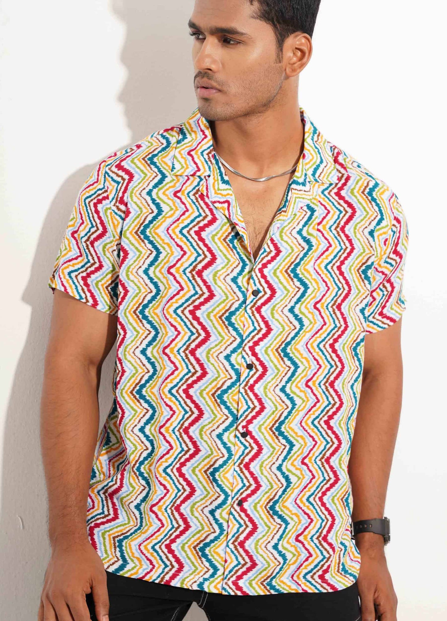 Yellow-green and pink zigzag printed havana shirt