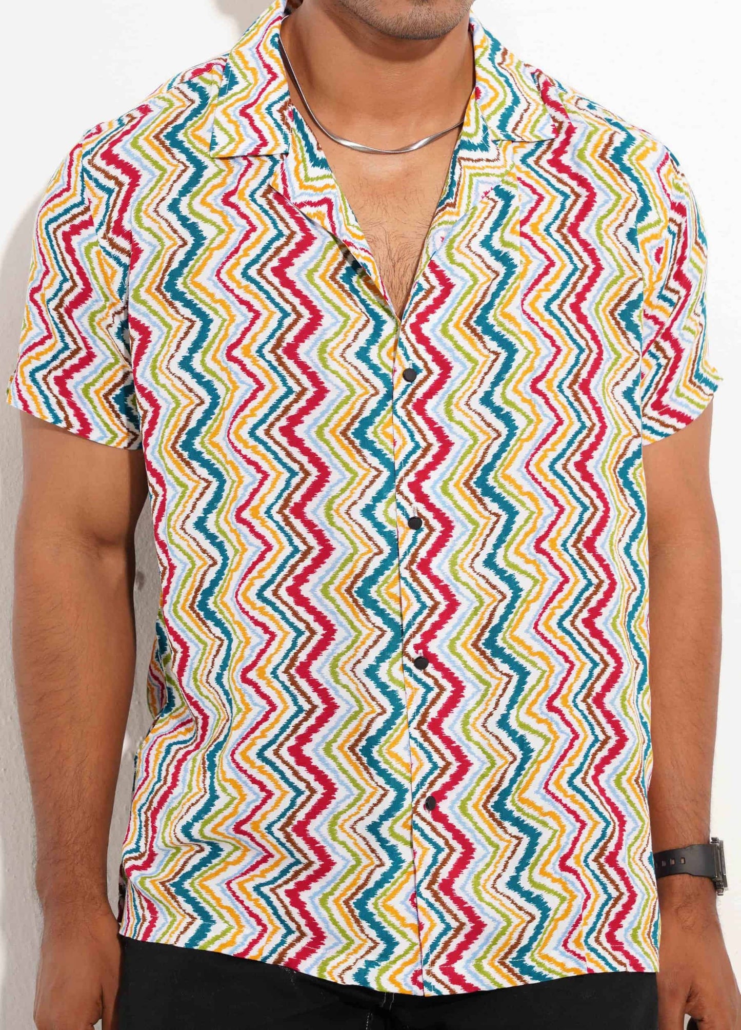 Yellow-green and pink zigzag printed havana shirt