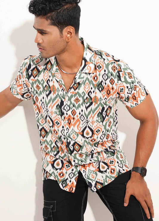 White-Yellow green pentagonal cube printed havana shirt