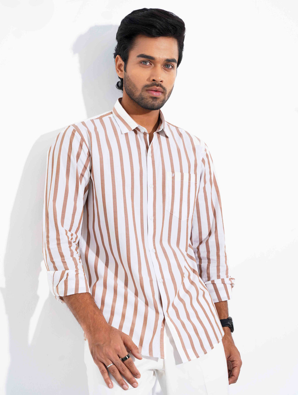 Cream-brown stripe formal full sleeve