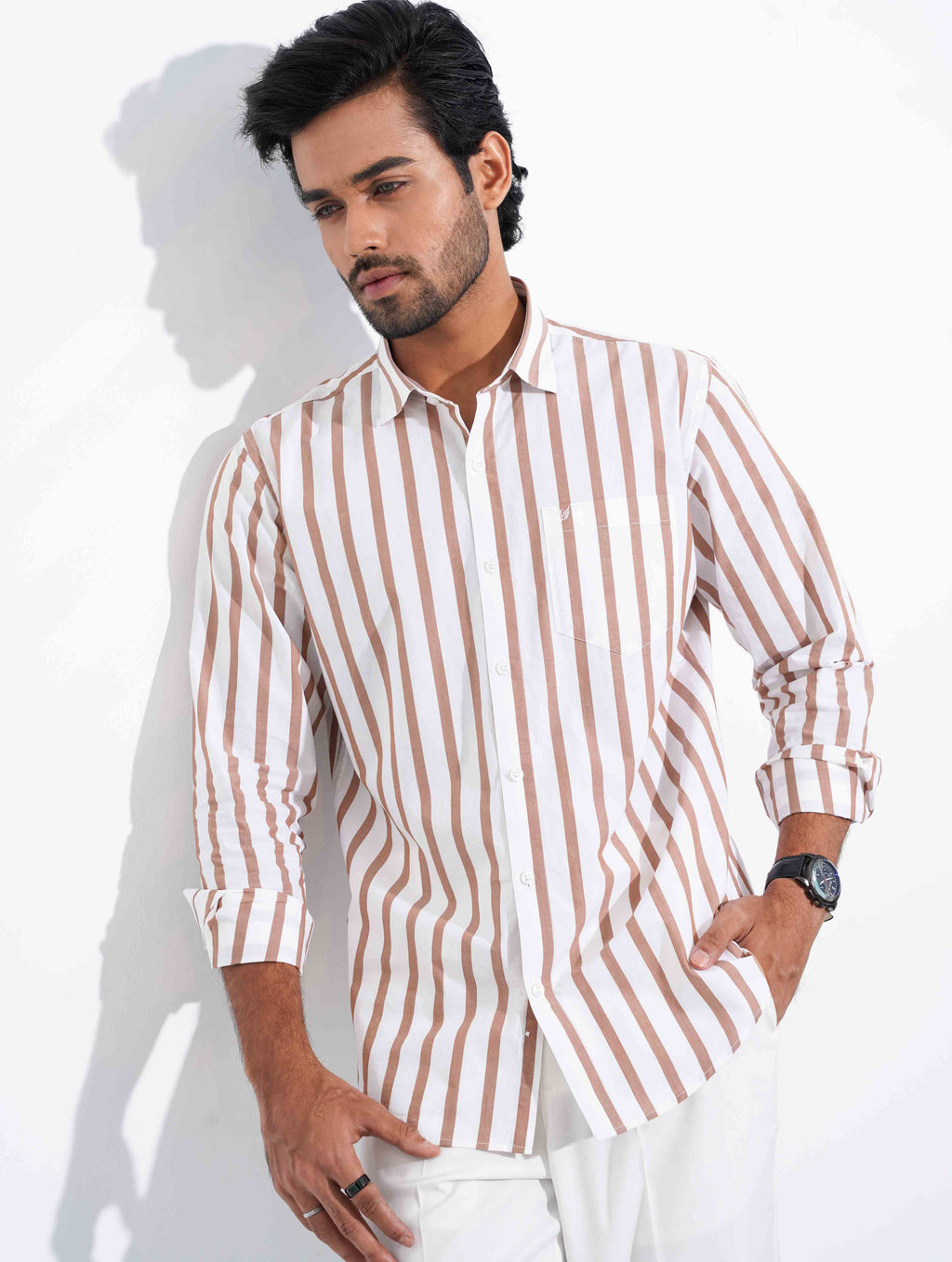 Cream-brown stripe formal full sleeve