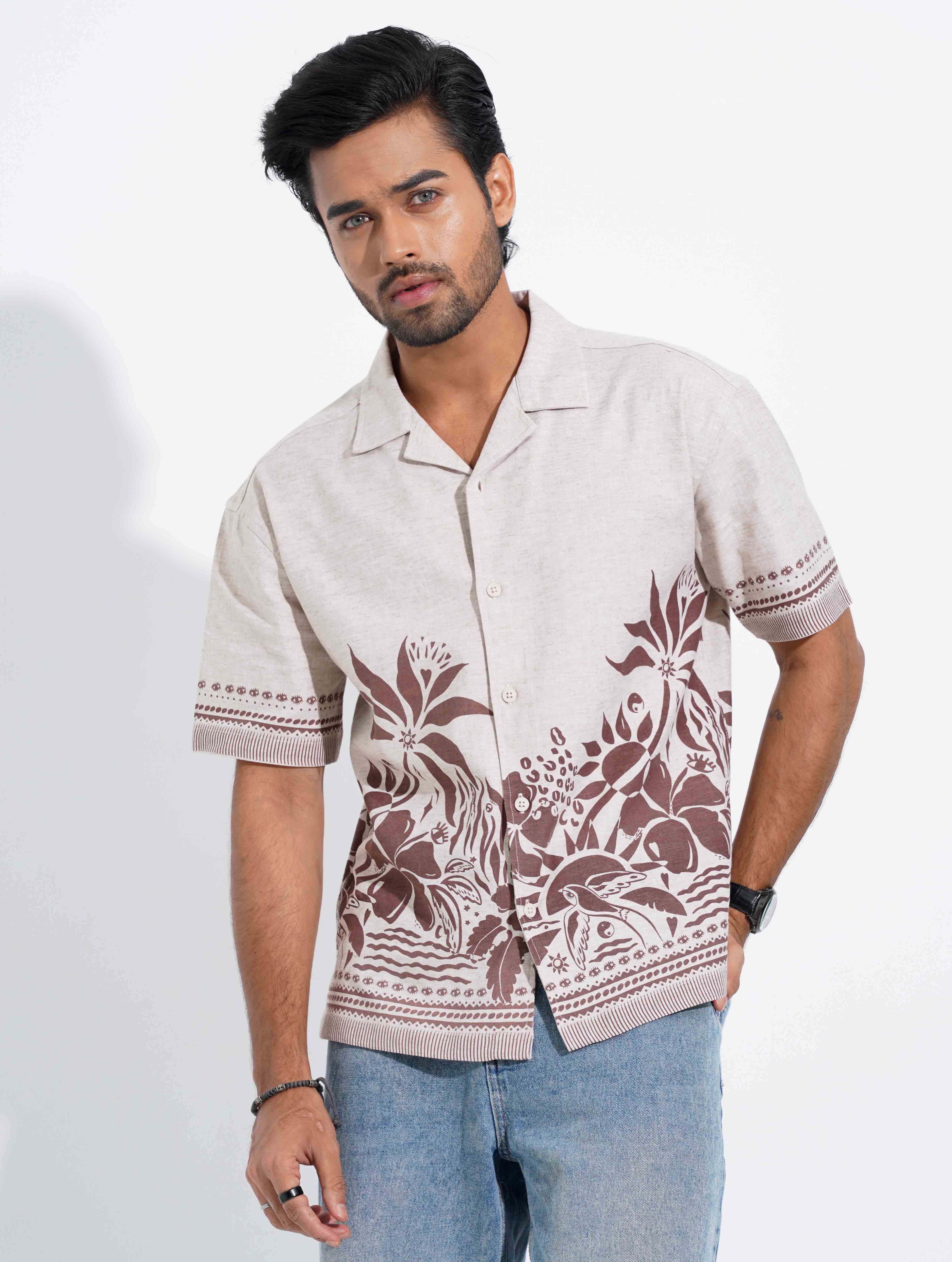 Khaki - Brown Coral Printed Havana Shirt