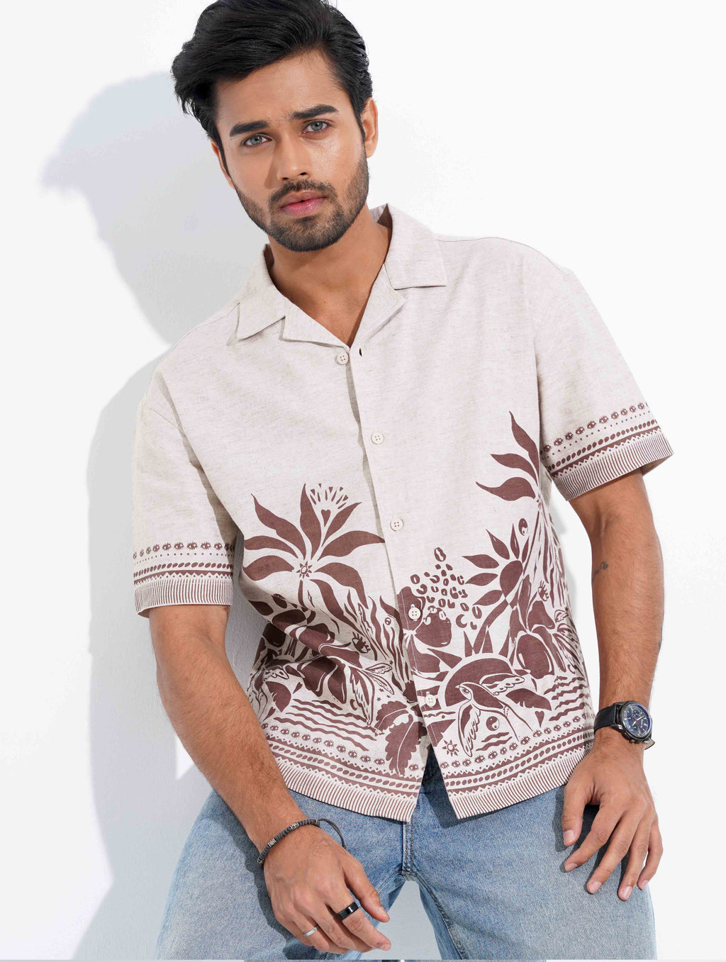 Khaki - Brown Coral Printed Havana Shirt