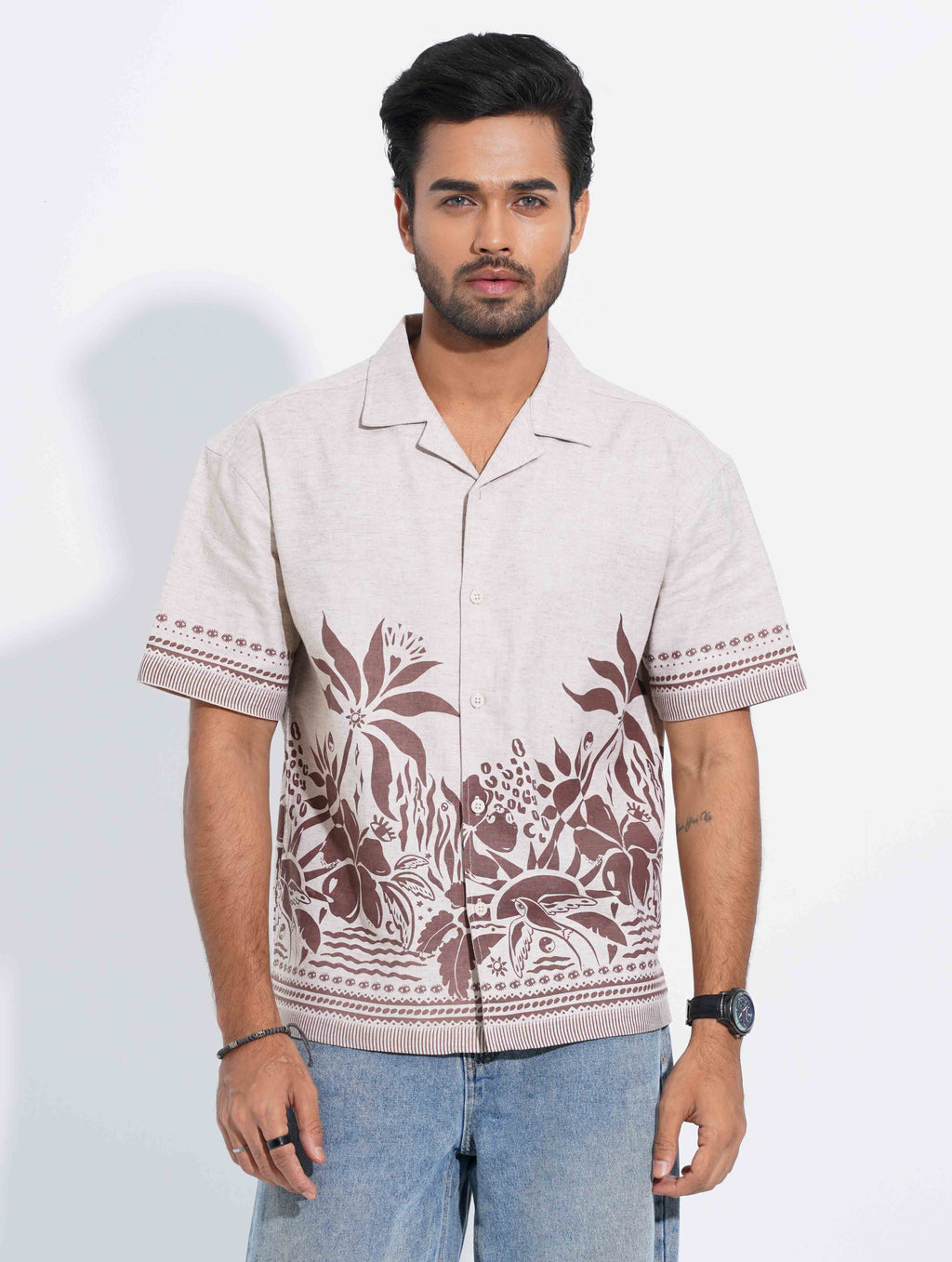 Khaki - Brown Coral Printed Havana Shirt