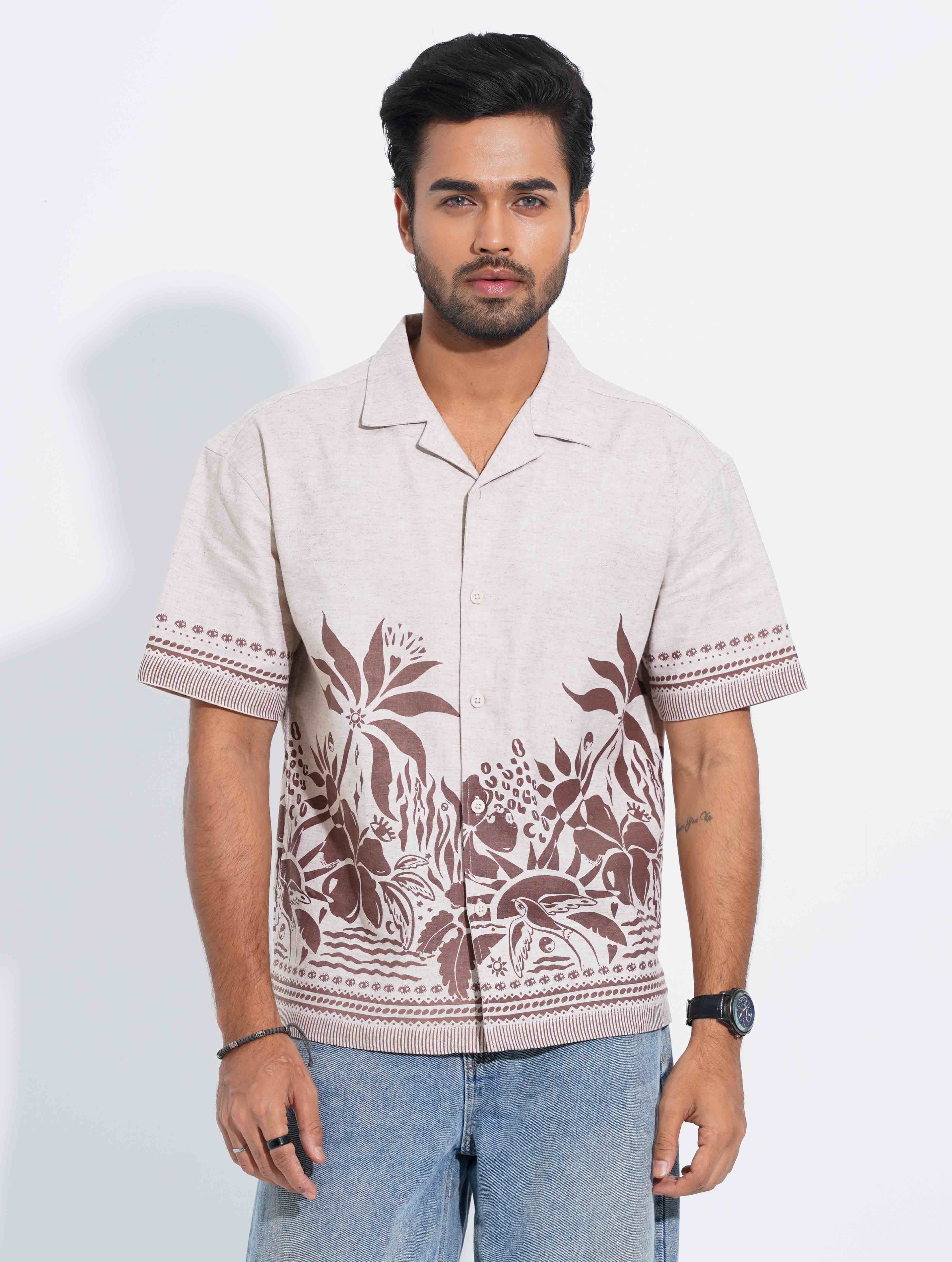 Khaki - Brown Coral Printed Havana Shirt